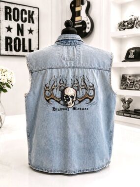 Biker Design Men’s Light Wash Denim Skull Flame Sleeveless Shirt Vest